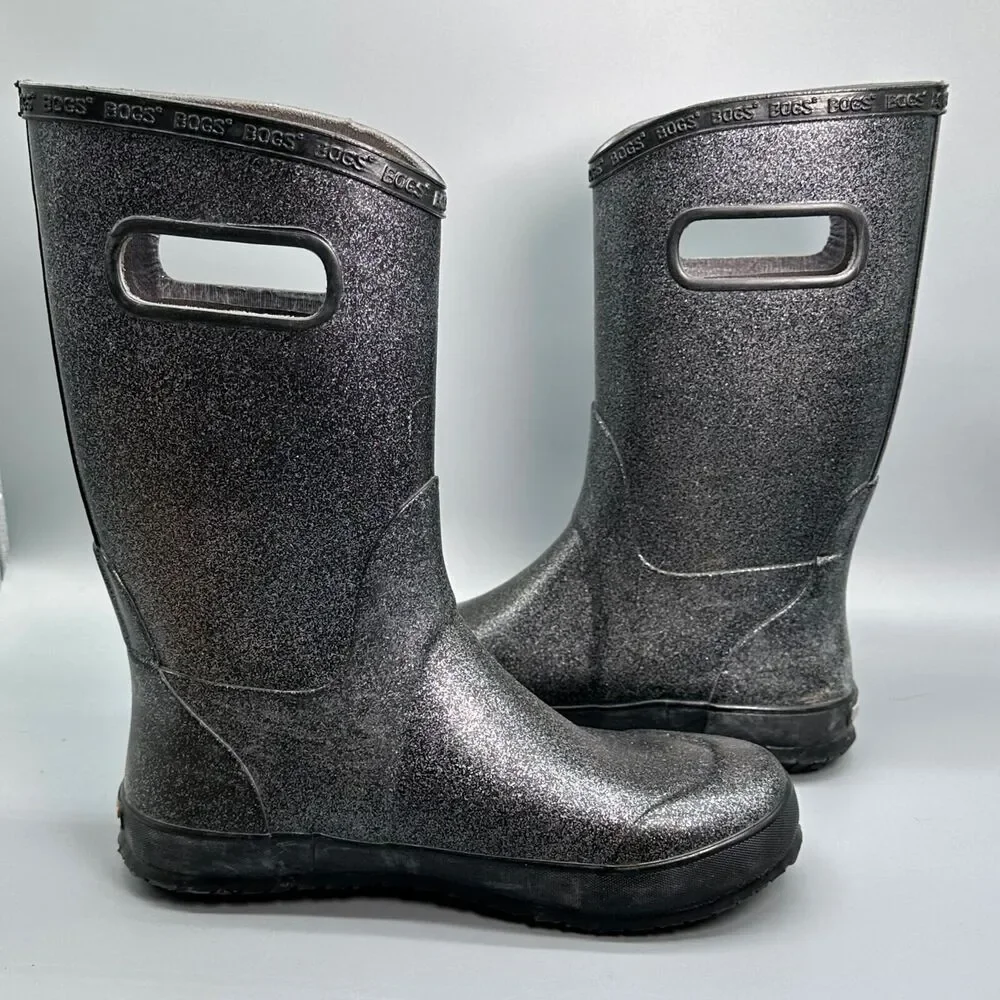 Bogs Rainboot Glitter Youth Girls 6 Gray Black Sparkle Tall Pull On Waterproof